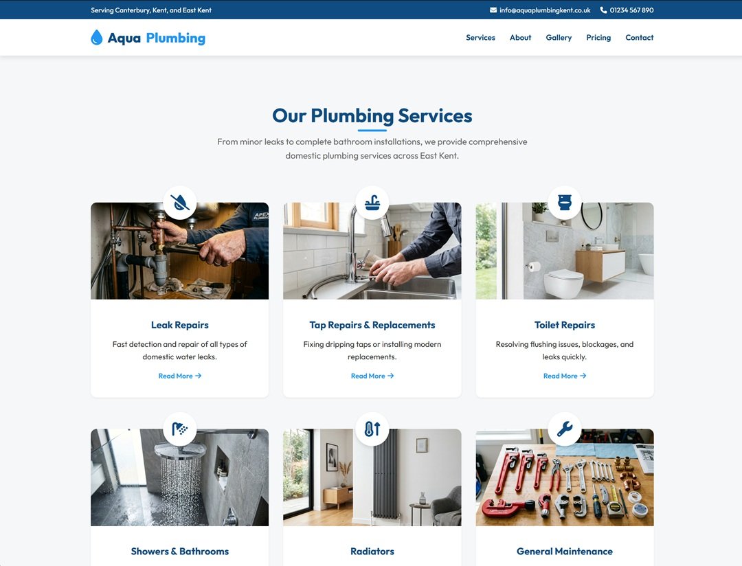 Aqua Plumbing Kent Our Plumbing Services grid with Leak Repairs, Tap Repairs, Toilet Repairs, Showers & Bathrooms, Radiators and General Maintenance