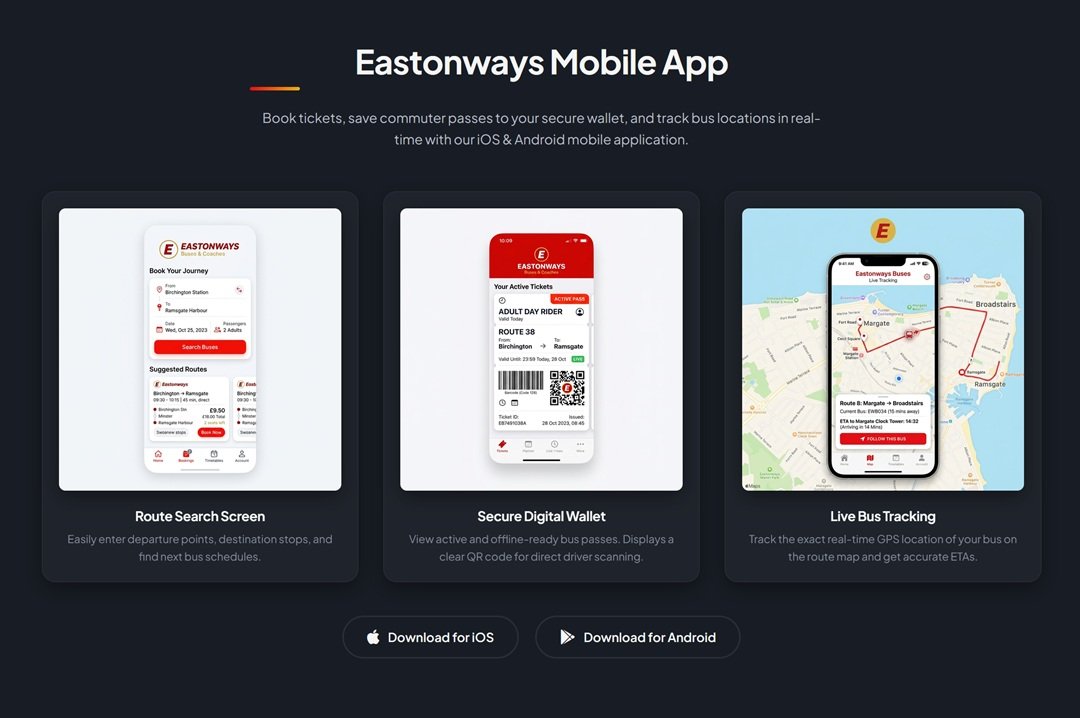 Eastonways mobile app — route search, digital wallet and live bus tracking