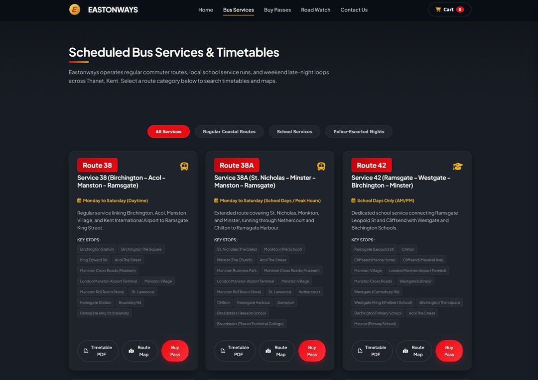 Eastonways bus services and timetables directory with route filters
