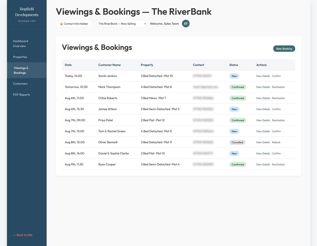 Hopfield CRM Viewings and Bookings table with confirm, reschedule and cancel actions