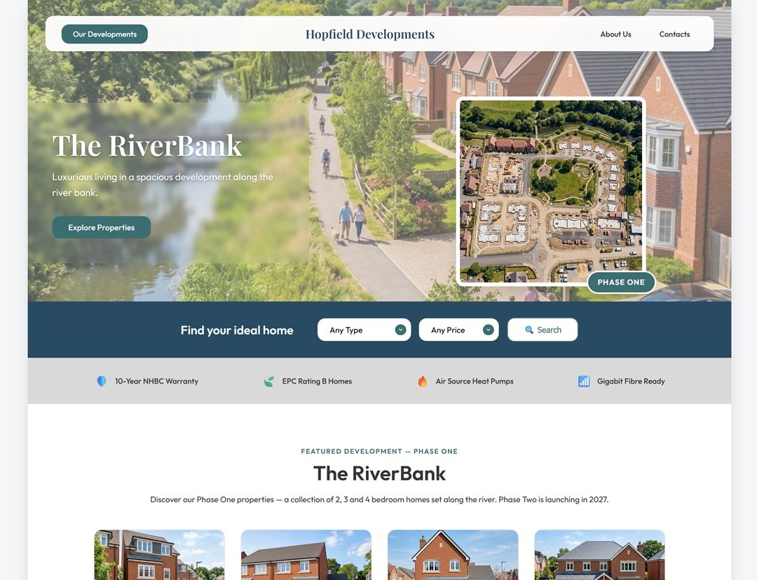Hopfield Developments — 140-home riverside community website with CRM booking dashboard by Kentmedia