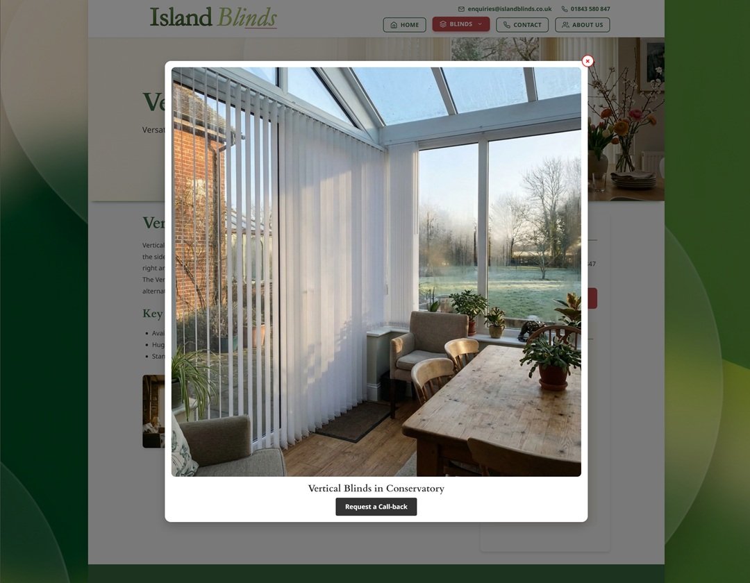 Island Blinds Vertical Blinds product page with an enlarged lightbox photo of vertical blinds in a conservatory and a Request a Call-back button