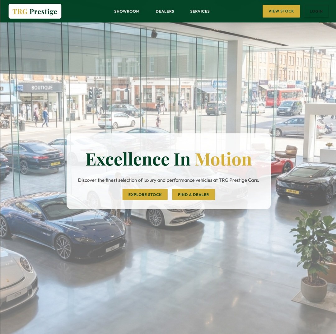 TRG Prestige Cars — luxury multi-dealer car showroom website with client and dealer portals by Kentmedia