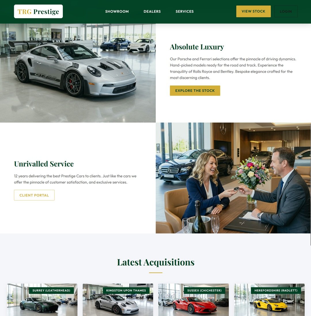 TRG Prestige Cars homepage sections — Absolute Luxury, Unrivalled Service and Latest Acquisitions across all four dealer locations