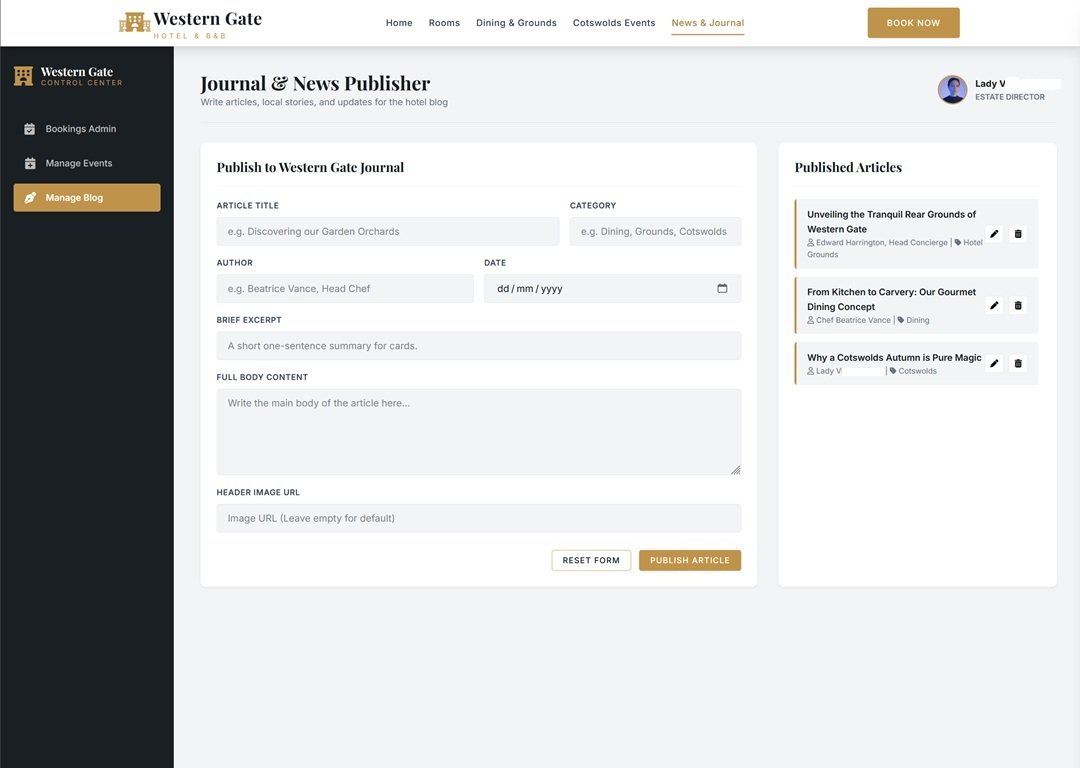Western Gate Hotel dashboard — Manage Blog tab with article editor for the Western Gate Journal