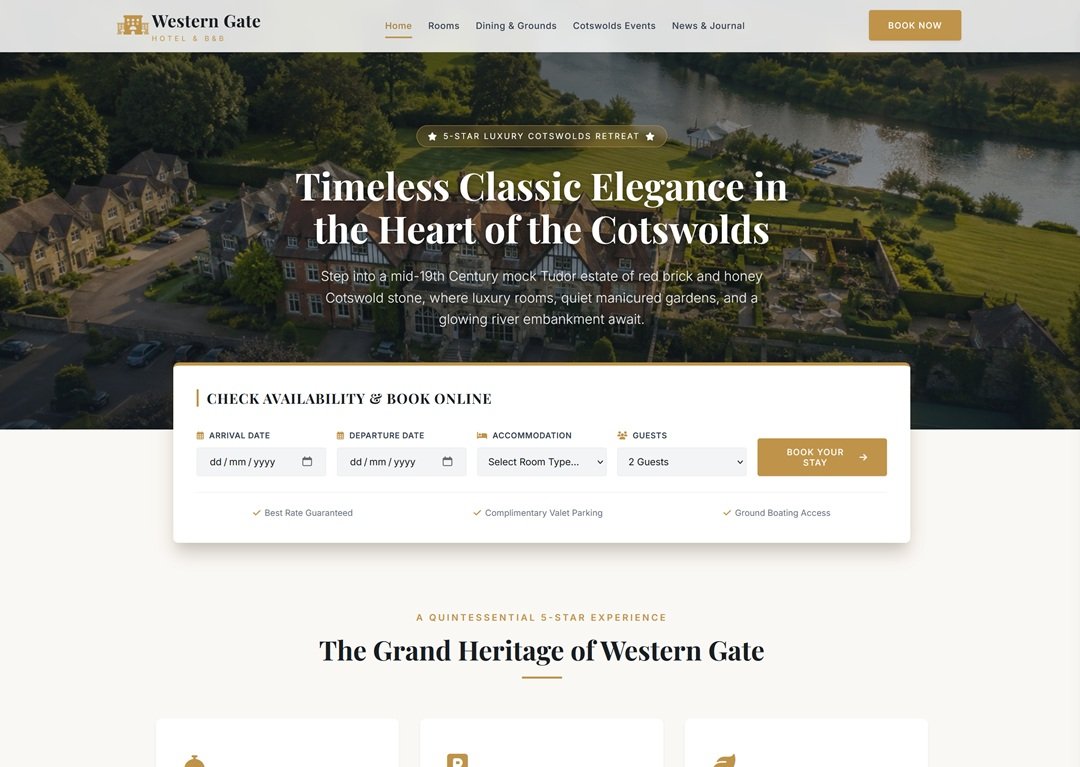 Western Gate Hotel — 5-star Cotswolds hotel website with booking engine and custom dashboard by Kentmedia