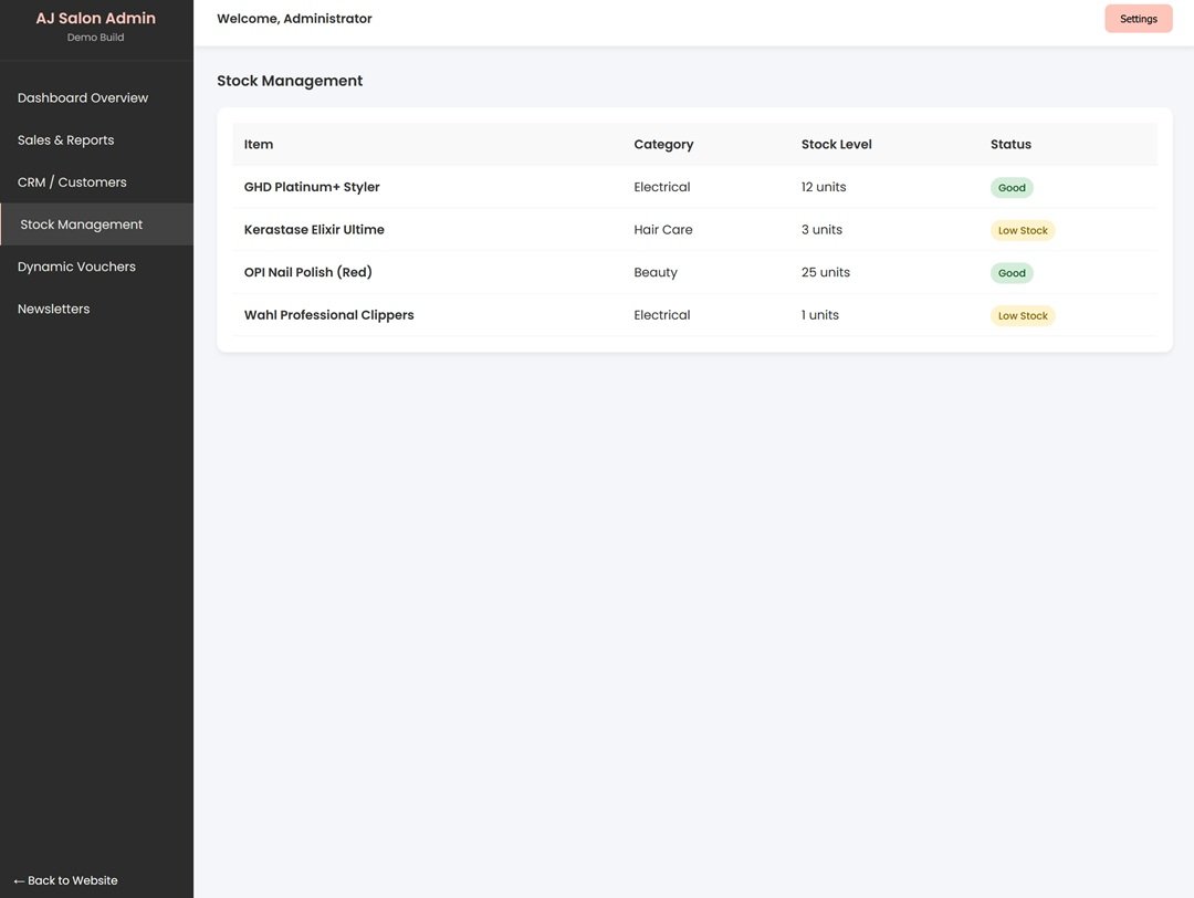 AJ Hair & Beauty Salon stock management dashboard