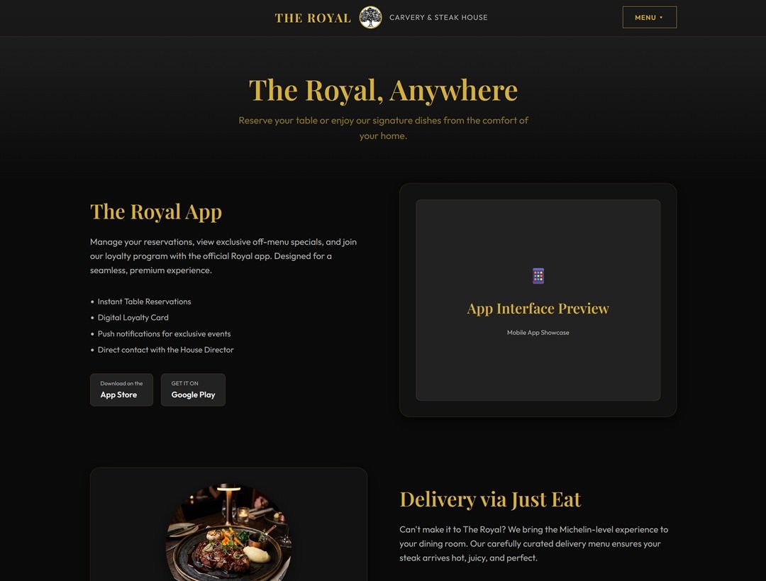 The Royal App and Delivery page with app feature list and Just Eat delivery section