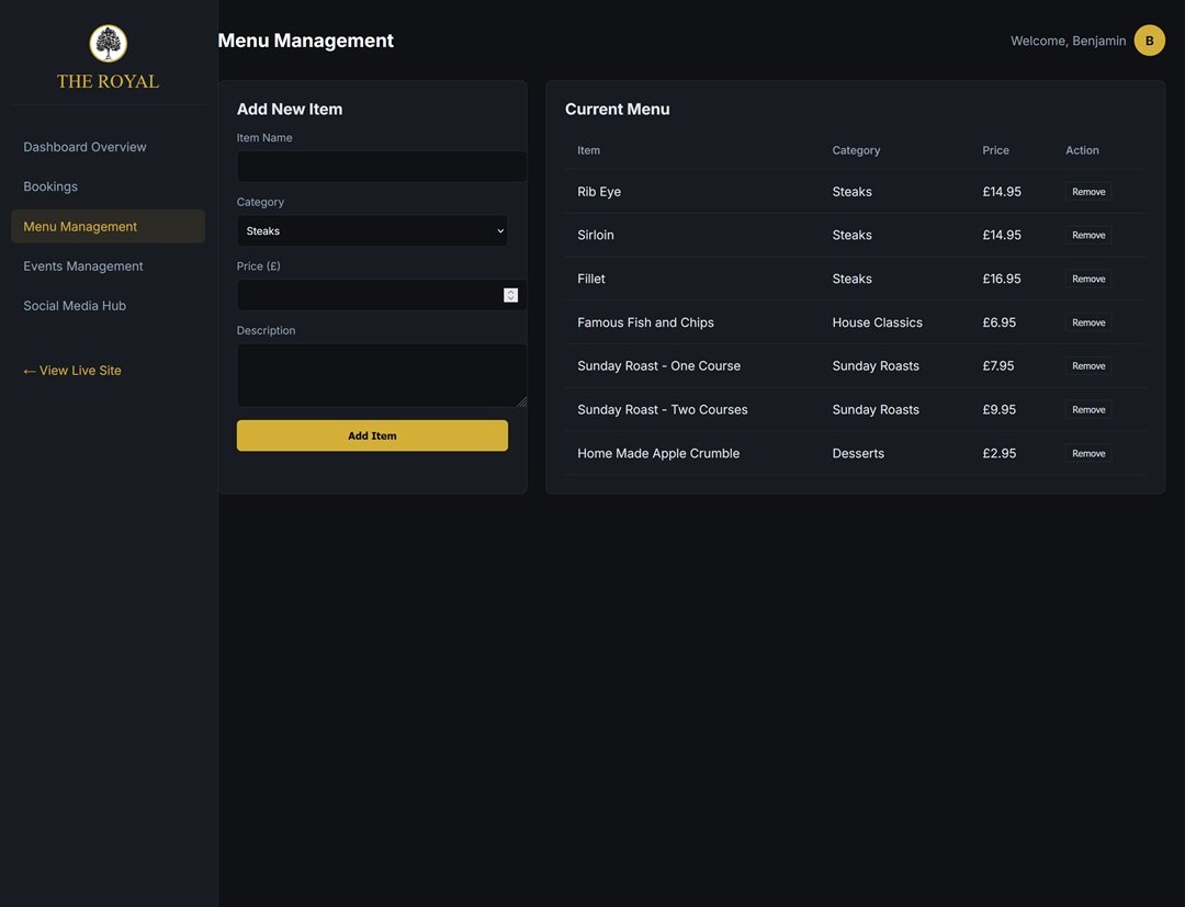 The Royal Menu Management screen for adding and removing dishes by category and price