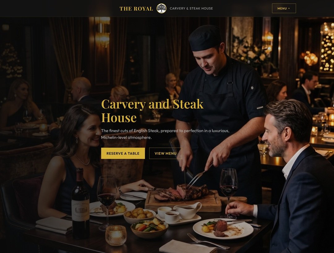 The Royal — Michelin-level Carvery and Steak House website with app prototype and management dashboard by Kentmedia
