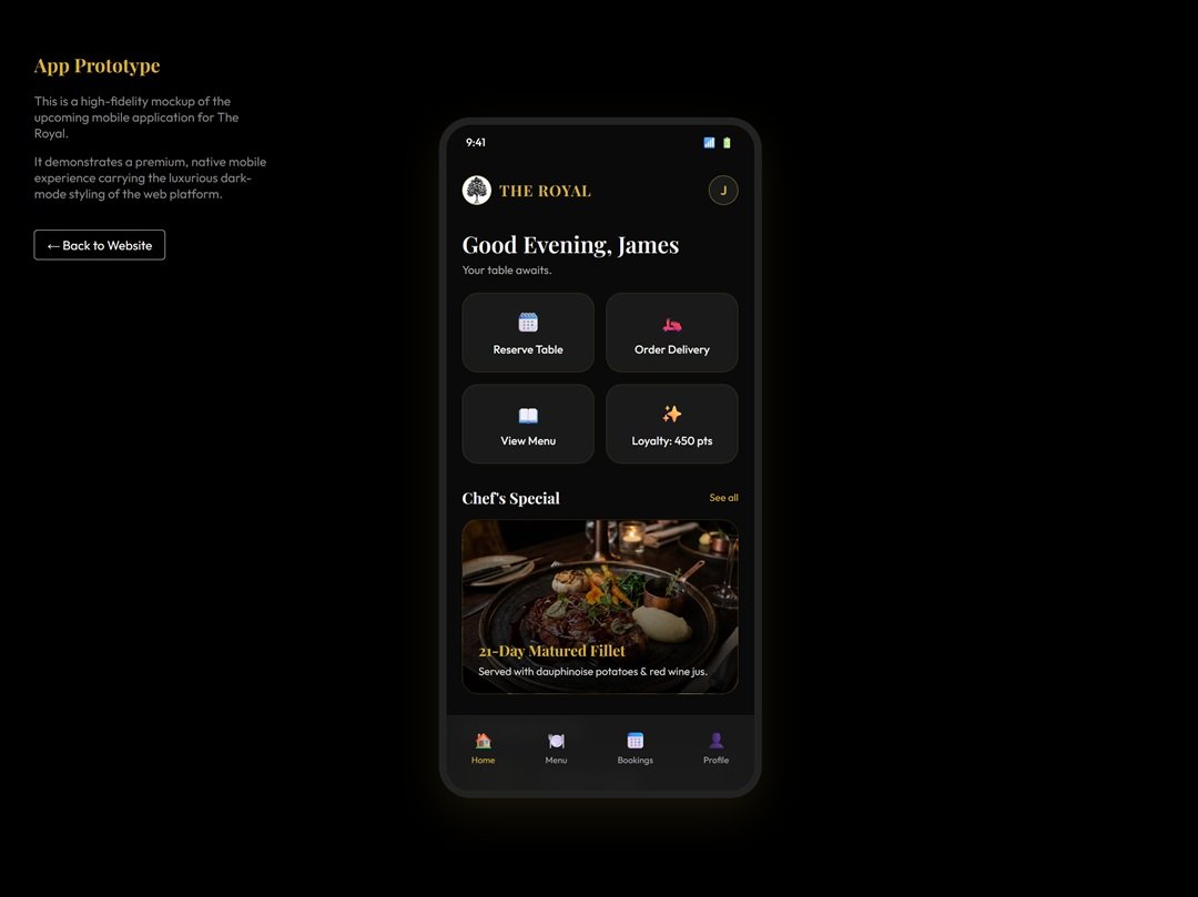 The Royal mobile app prototype — Good Evening James home screen with quick actions, Chef's Special and upcoming events